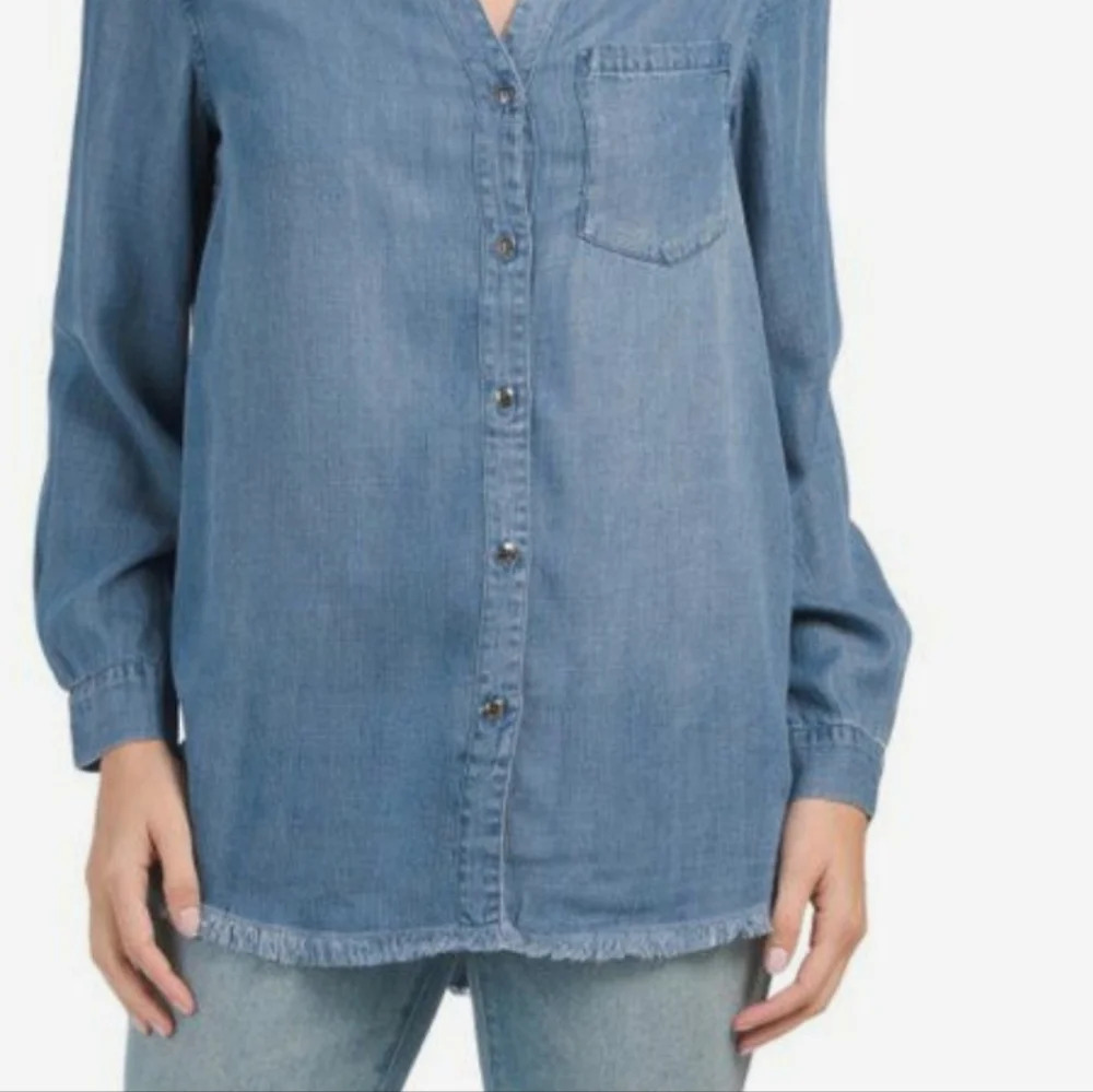 Velvet Heart Blue Gavyn Tencen Long Sleeve Shirt With Frayed Hem Size L
